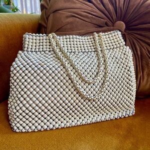Elegant Cream Metal Beaded Alumesh Women's Bag